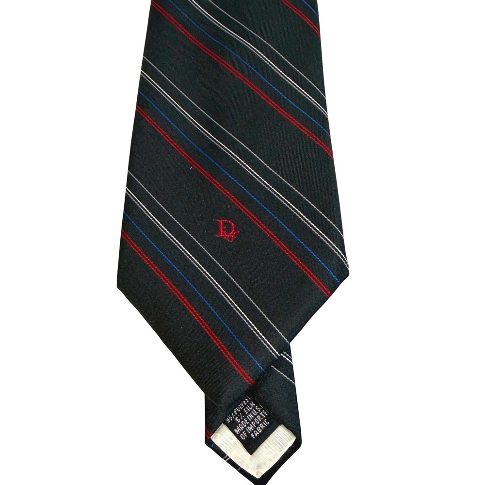 VTG Christian‎ Dior Monsieur Tie Mens Black Red Blue Stripe USA Logo Designer